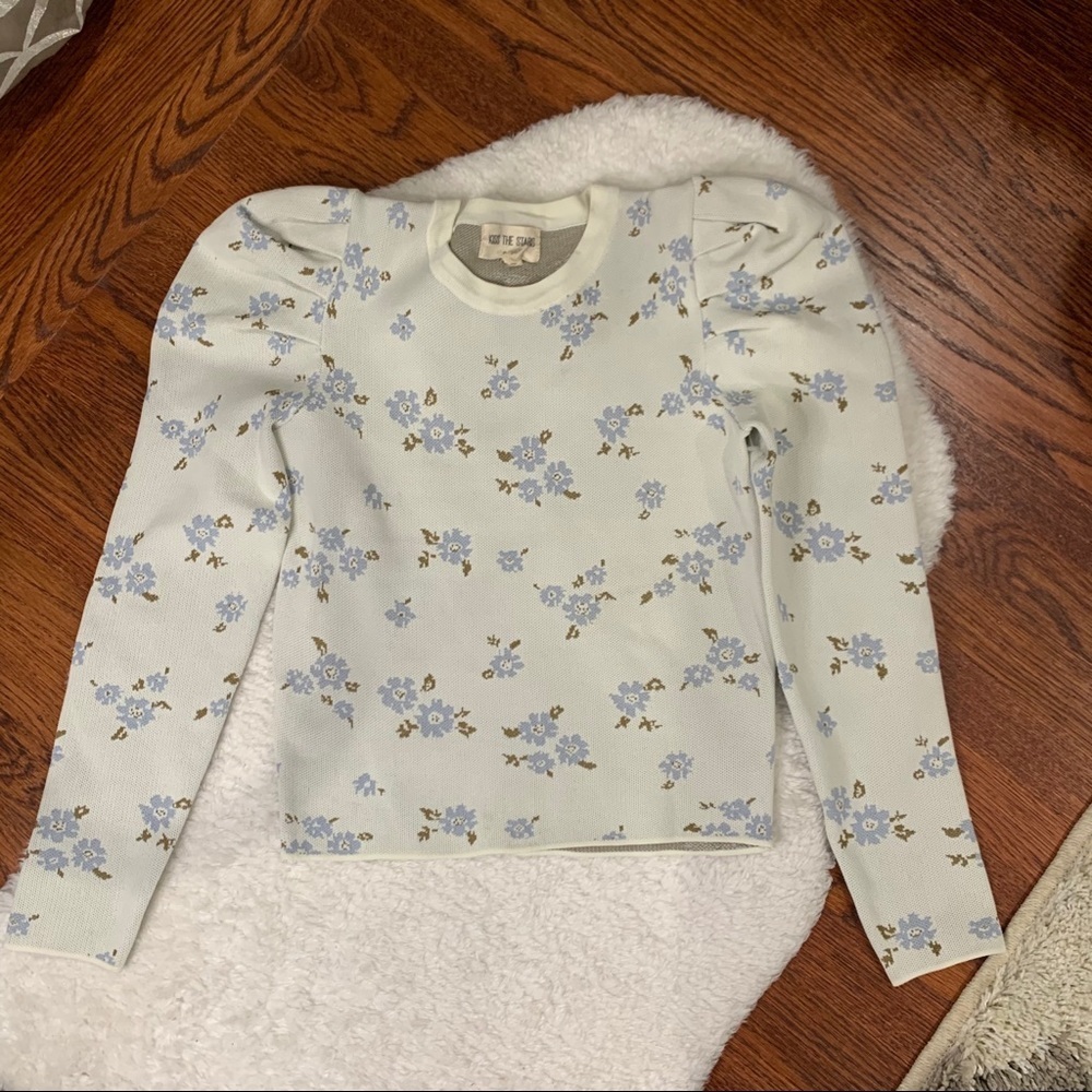 Grey Blue Floral Vintage Cottagecore Puff Sleeve Cropped Top Size Small NWT